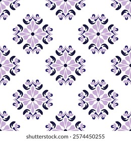 Ikat seamless pattern, purple and blue Turkish ornament. Moroccan tile mosaic. Ceramic tableware, folk print. Spanish pottery. Ethnic background. Mediterranean seamless wallpaper.