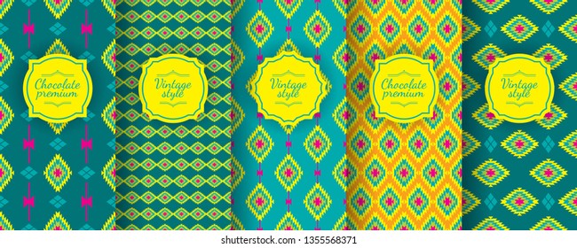 Ikat seamless pattern. Set of traditional Uzbek backgrounds, geometric ornaments. Ethnic design is suitable for silk pillows, clothing, oriental packaging of wine, chocolate and cosmetics.