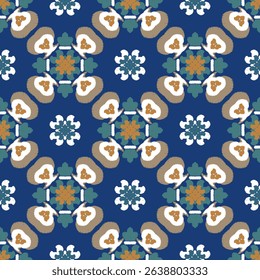 Ikat seamless pattern with snowflakes. The Nordic style. Scandinavian wallpaper, Portuguese ornament. Spanish porcelain. Ethnic motif. Ikat geometric folklore background.