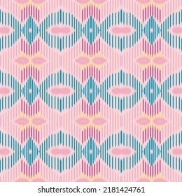 Ikat seamless pattern. tie dye shibori print with stripes and chevron. Ink textured japanese background. Ethnic fabric. Bohemian fashion.
