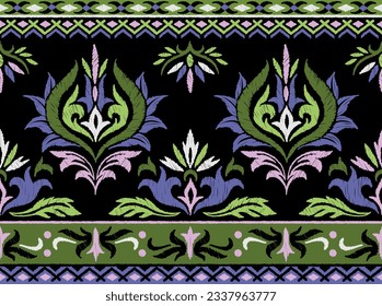 Patrón ininterrumpido de Ikat. Borde étnico tradicional para la decoración de tela, textil y alfombra. Impresión extensible abstracta oriental con adornos florales de estilo azteca. Dibujo vectorial plano de dibujos animados