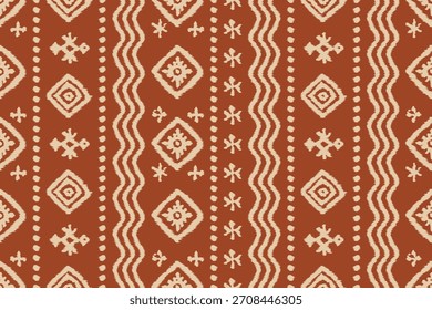 Patrón sin costuras Ikat con motivos tribales geométricos tradicionales en tonos cálidos de terracota, diseño de patrón sin costuras ikat inspirado en mano perfecto para textiles, estampados de tela, Fondos de pantalla y decoración étnica