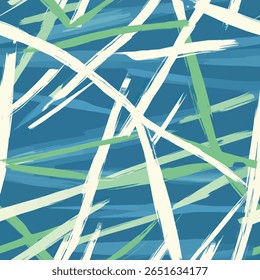 Motif harmonieux d'ikat, arrière-plan Illustration vectorielle pour imprimer le papier. Motif d'arrière-plan Abstrait bleu et vert, avec des traits de pinceau blanc et des lignes qui forment des lames d'herbe.