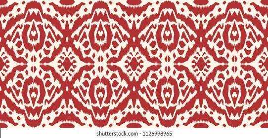 Ikat seamless pattern. Vector  shibori print with stripes and chevron. Ink textured japanese background. Ethnic fabric vector. Bohemian fashion. Endless watercolor texture. African rug.
