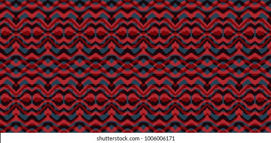 Ikat seamless pattern. Vector tie dye  shibori print with stripes and chevron. Ink textured japanese background.  Ethnic fabric vector. Bohemian fashion. Endless watercolor texture. African rug.