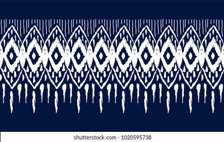 Ikat seamless pattern. Vector tie dye  shibori print with stripes and chevron. Ink textured japanese background.  Ethnic fabric vector. Bohemian fashion. Endless watercolor texture. African rug.
