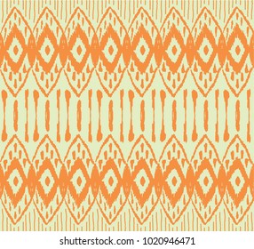 Ikat seamless pattern. Vector tie dye  shibori print with stripes and chevron. Ink textured japanese background.  Ethnic fabric vector. Bohemian fashion. Endless watercolor texture. African rug.