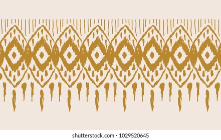 Ikat seamless pattern. Vector tie dye  shibori print with stripes and chevron. Ink textured japanese background.  Ethnic fabric vector. Bohemian fashion. Endless watercolor texture. African rug.