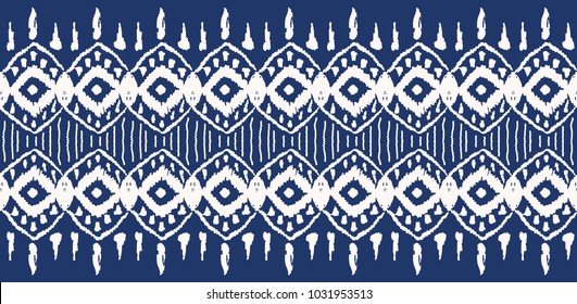 Ikat seamless pattern. Vector tie dye  shibori print with stripes and chevron. Ink textured japanese background.  Ethnic fabric vector. Bohemian fashion. Endless watercolor texture. African rug.