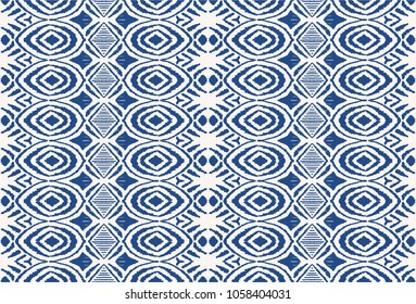 Ikat seamless pattern. Vector tie dye shibori print with stripes and chevron. Ink textured japanese background. Ethnic fabric vector. Bohemian fashion. Endless watercolor texture. African rug.