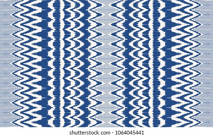 Ikat seamless pattern. Vector tie dye shibori print with stripes and chevron. Ink textured japanese background. Ethnic fabric vector. Bohemian fashion. Endless watercolor texture. African rug.