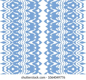 Ikat seamless pattern. Vector tie dye  shibori print with stripes and chevron. Ink textured japanese background.  Ethnic fabric vector. Bohemian fashion. Endless watercolor texture. African rug.