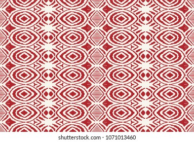 Ikat seamless pattern. Vector tie dye shibori print with stripes and chevron. Ink textured japanese background. Ethnic fabric vector. Bohemian fashion. Endless watercolor texture. African rug.