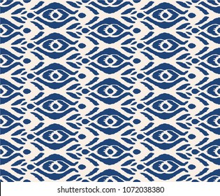 Ikat seamless pattern. Vector tie dye shibori print with stripes and chevron. Ink textured japanese background. Ethnic fabric vector. Bohemian fashion. Endless watercolor texture. African rug.