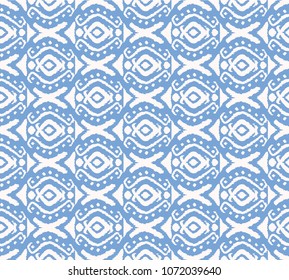 Ikat seamless pattern. Vector tie dye shibori print with stripes and chevron. Ink textured japanese background. Ethnic fabric vector. Bohemian fashion. Endless watercolor texture. African rug.