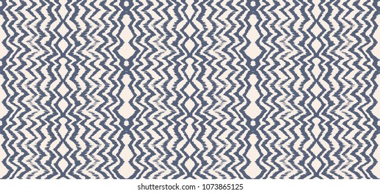 Ikat seamless pattern. Vector tie dye shibori print with stripes and chevron. Ink textured japanese background. Ethnic fabric vector. Bohemian fashion. Endless watercolor texture. African rug.