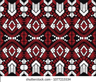 Ikat seamless pattern. Vector tie dye  shibori print with stripes and chevron. Ink textured japanese background.  Ethnic fabric vector. Bohemian fashion. Endless watercolor texture. African rug.