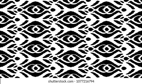 Ikat seamless pattern. Vector tie dye shibori print with stripes and chevron. Ink textured japanese background. Ethnic fabric vector. Bohemian fashion. Endless watercolor texture. African rug.