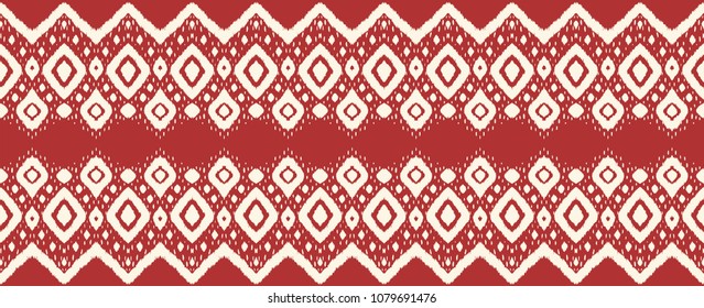 Ikat seamless pattern. Vector tie dye shibori print with stripes and chevron. Ink textured japanese background. Ethnic fabric vector. Bohemian fashion. Endless watercolor texture. African rug.