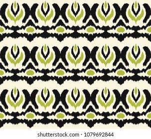 Ikat seamless pattern. Vector tie dye shibori print with stripes and chevron. Ink textured japanese background. Ethnic fabric vector. Bohemian fashion. Endless watercolor texture. African rug.