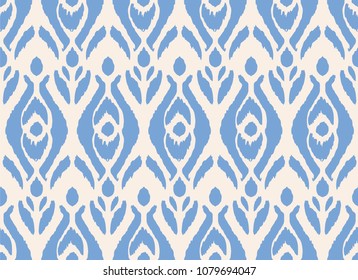Ikat seamless pattern. Vector tie dye shibori print with stripes and chevron. Ink textured japanese background. Ethnic fabric vector. Bohemian fashion. Endless watercolor texture. African rug.