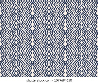 Ikat seamless pattern. Vector tie dye shibori print with stripes and chevron. Ink textured japanese background. Ethnic fabric vector. Bohemian fashion. Endless watercolor texture. African rug.