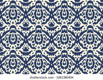 Ikat seamless pattern. Vector tie dye shibori print with stripes and chevron. Ink textured japanese background. Ethnic fabric vector. Bohemian fashion. Endless watercolor texture. African rug.