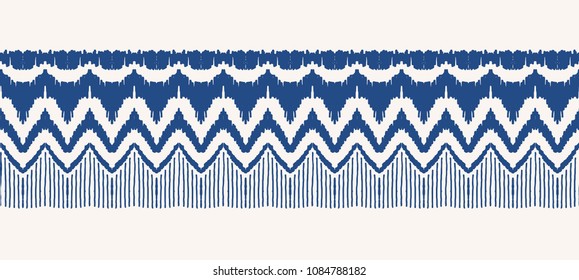 Ikat seamless pattern. Vector tie dye shibori print with stripes and chevron. Ink textured japanese background. Ethnic fabric vector. Bohemian fashion. Endless watercolor texture. African rug.