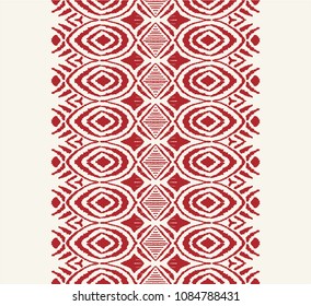 Ikat seamless pattern. Vector tie dye shibori print with stripes and chevron. Ink textured japanese background. Ethnic fabric vector. Bohemian fashion. Endless watercolor texture. African rug.