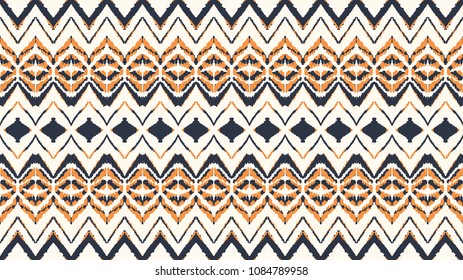 Ikat seamless pattern. Vector tie dye shibori print with stripes and chevron. Ink textured japanese background. Ethnic fabric vector. Bohemian fashion. Endless watercolor texture. African rug.