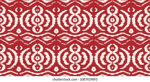 Ikat seamless pattern. Vector tie dye shibori print with stripes and chevron. Ink textured japanese background. Ethnic fabric vector. Bohemian fashion. Endless watercolor texture. African rug.
