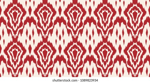 Ikat seamless pattern. Vector tie dye shibori print with stripes and chevron. Ink textured japanese background. Ethnic fabric vector. Bohemian fashion. Endless watercolor texture. African rug.