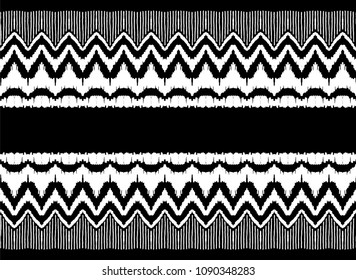 Ikat seamless pattern. Vector tie dye shibori print with stripes and chevron. Ink textured japanese background. Ethnic fabric vector. Bohemian fashion. Endless watercolor texture. African rug.