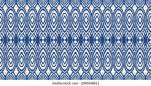 Ikat seamless pattern. Vector tie dye shibori print with stripes and chevron. Ink textured japanese background. Ethnic fabric vector. Bohemian fashion. Endless watercolor texture. African rug.