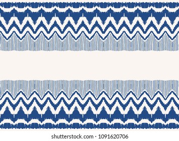 Ikat seamless pattern. Vector tie dye shibori print with stripes and chevron. Ink textured japanese background. Ethnic fabric vector. Bohemian fashion. Endless watercolor texture. African rug.