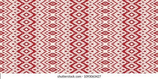 Ikat seamless pattern. Vector tie dye shibori print with stripes and chevron. Ink textured japanese background. Ethnic fabric vector. Bohemian fashion. Endless watercolor texture. African rug.