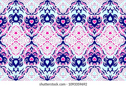 Ikat seamless pattern. Vector tie dye shibori print with stripes and chevron. Ink textured japanese background. Ethnic fabric vector. Bohemian fashion. Endless watercolor texture. African rug.
