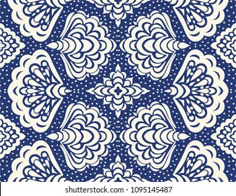 Ikat seamless pattern. Vector tie dye shibori print with stripes and chevron. Ink textured japanese background with sea shells. Ethnic fabric vector. Bohemian fashion. Endless watercolor texture. 