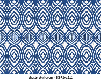 Ikat seamless pattern. Vector tie dye shibori print with stripes and chevron. Ink textured japanese background. Ethnic fabric vector. Bohemian fashion. Endless watercolor texture. African rug.