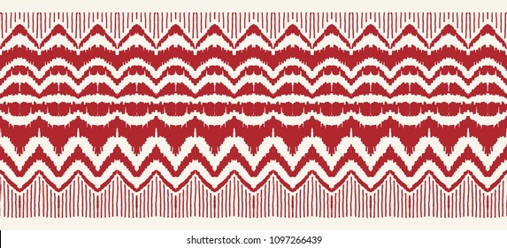 Ikat seamless pattern. Vector tie dye shibori print with stripes and chevron. Ink textured japanese background. Ethnic fabric vector. Bohemian fashion. Endless watercolor texture. African rug.