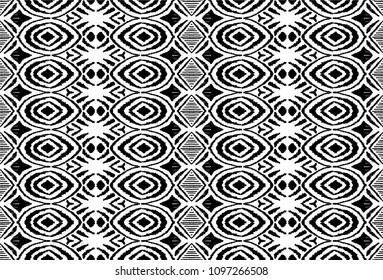 Ikat seamless pattern. Vector tie dye shibori print with stripes and chevron. Ink textured japanese background. Ethnic fabric vector. Bohemian fashion. Endless watercolor texture. African rug.