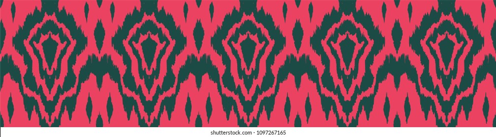 Ikat seamless pattern. Vector tie dye shibori print with stripes and chevron. Ink textured japanese background. Ethnic fabric vector. Bohemian fashion. Endless watercolor texture. African rug.