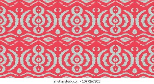 Ikat seamless pattern. Vector tie dye shibori print with stripes and chevron. Ink textured japanese background. Ethnic fabric vector. Bohemian fashion. Endless watercolor texture. African rug.