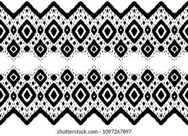 Ikat seamless pattern. Vector tie dye shibori print with stripes and chevron. Ink textured japanese background. Ethnic fabric vector. Bohemian fashion. Endless watercolor texture. African rug.