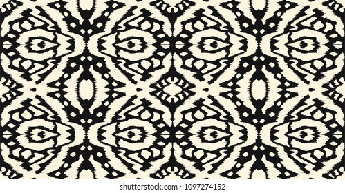 Ikat seamless pattern. Vector tie dye shibori print with stripes and chevron. Ink textured japanese background. Ethnic fabric vector. Bohemian fashion. Endless watercolor texture. African rug.