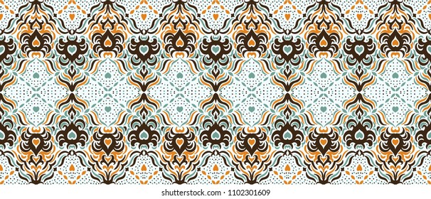Ikat seamless pattern. Vector tie dye shibori print with stripes and chevron. Ink textured japanese background. Ethnic fabric vector. Bohemian fashion. Endless watercolor texture. African rug.