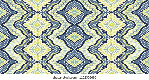 Ikat seamless pattern. Vector tie dye shibori print with stripes and chevron. Ink textured japanese background. Ethnic fabric vector. Bohemian fashion. Endless watercolor texture. African rug.