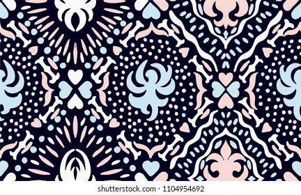 Ikat seamless pattern. Vector tie dye shibori print with stripes and chevron. Ink textured japanese background. Ethnic fabric vector. Bohemian fashion. Endless watercolor texture. African rug.
