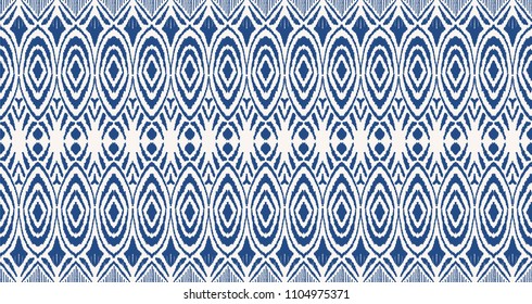 Ikat seamless pattern. Vector tie dye shibori print with stripes and chevron. Ink textured japanese background. Ethnic fabric vector. Bohemian fashion. Endless watercolor texture. African rug.