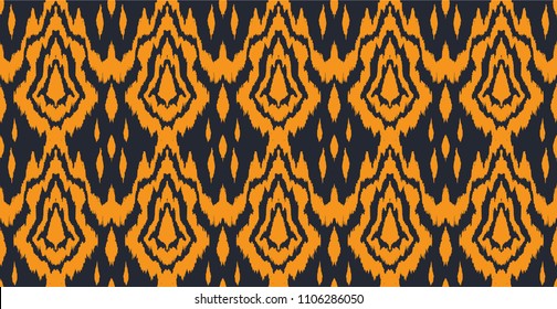 Ikat seamless pattern. Vector tie dye shibori print with stripes and chevron. Ink textured japanese background. Ethnic fabric vector. Bohemian fashion. Endless watercolor texture. African rug.